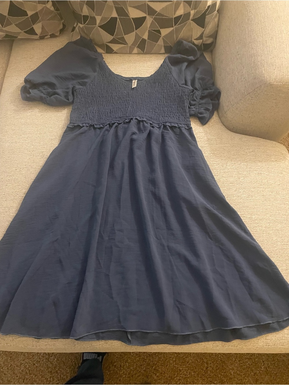 Girls Navy Smocked Bodice Puff Sleeve Dress